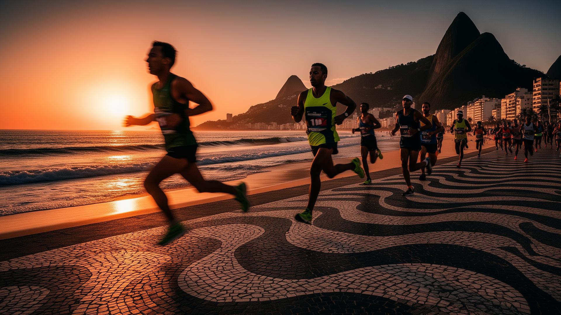 Corredores ao amanhecer no calçadão de Copacabana, Rio de Janeiro