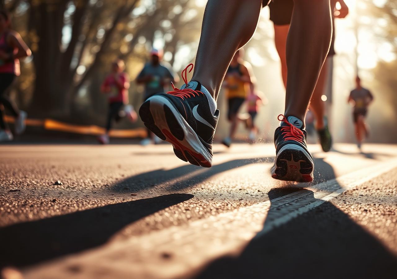 Tênis de corrida em movimento sobre o asfalto